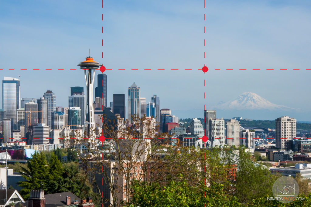 Paysage urbain en couleur représentant la ville de Seattle avec le Space Needle sur la gauche et le Mont Rainier à droite à l'arrière-plan avec les lignes de tiers représentées (initiationphoto)