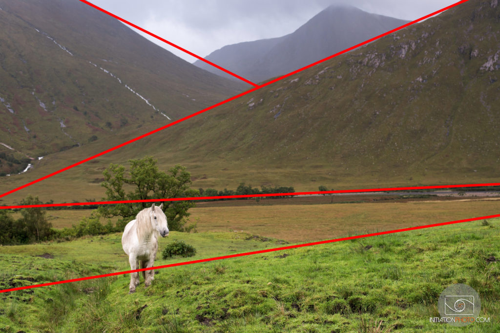 Photo couleur d'une paysage dans les Highlands écossais représentant un cheval blanc dans une prairie avec les montagnes à l'arrière-plan, la même que la précédente mais avec des lignes rouges pour montrer la présence de lignes dans la composition (initiationphoto)
