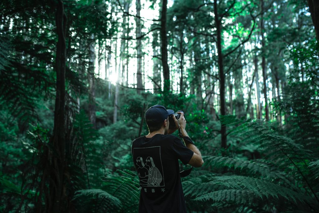 Photo d'une homme de dos en train de prendre une photo en forêt