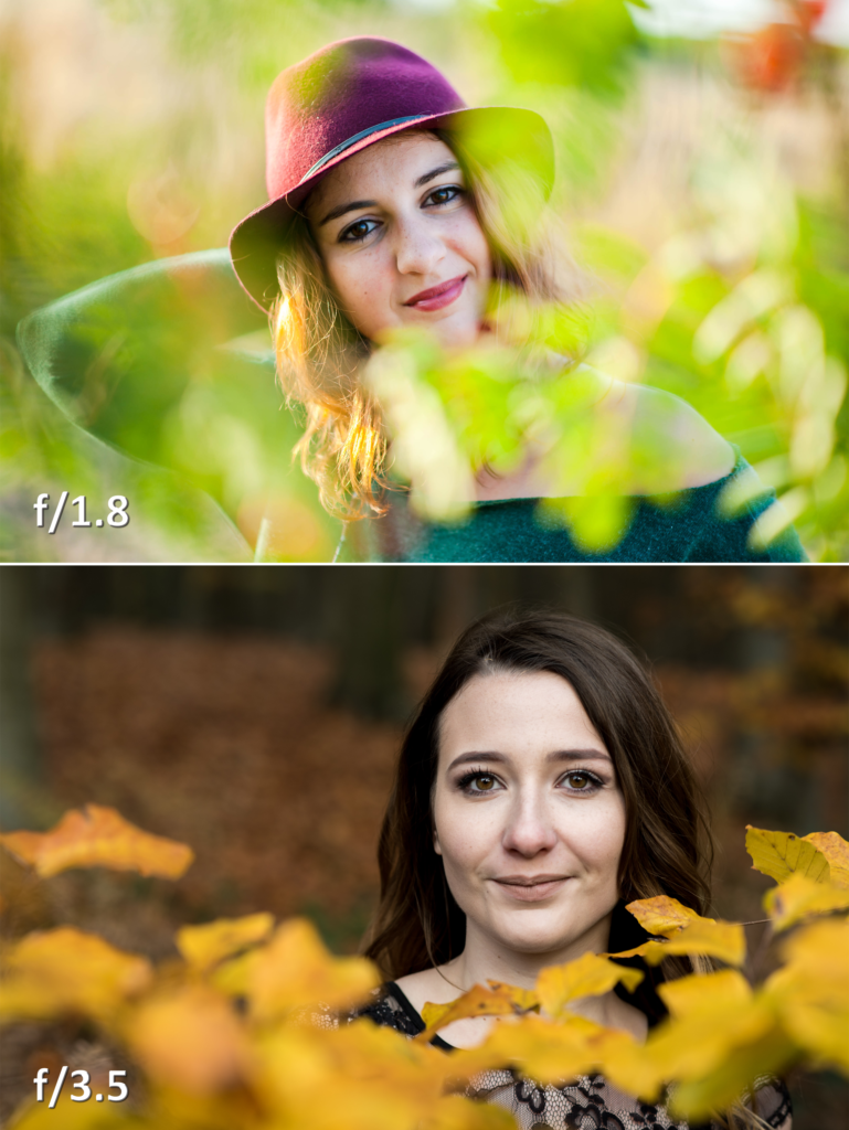 Photos couleurs, deux portraits de jeunes femmes prises de près à travers des feuilles, une plus floue avec un réglage d'ouverture de f/1.8 et l'autre moins floue avec une ouverture de f/3.5