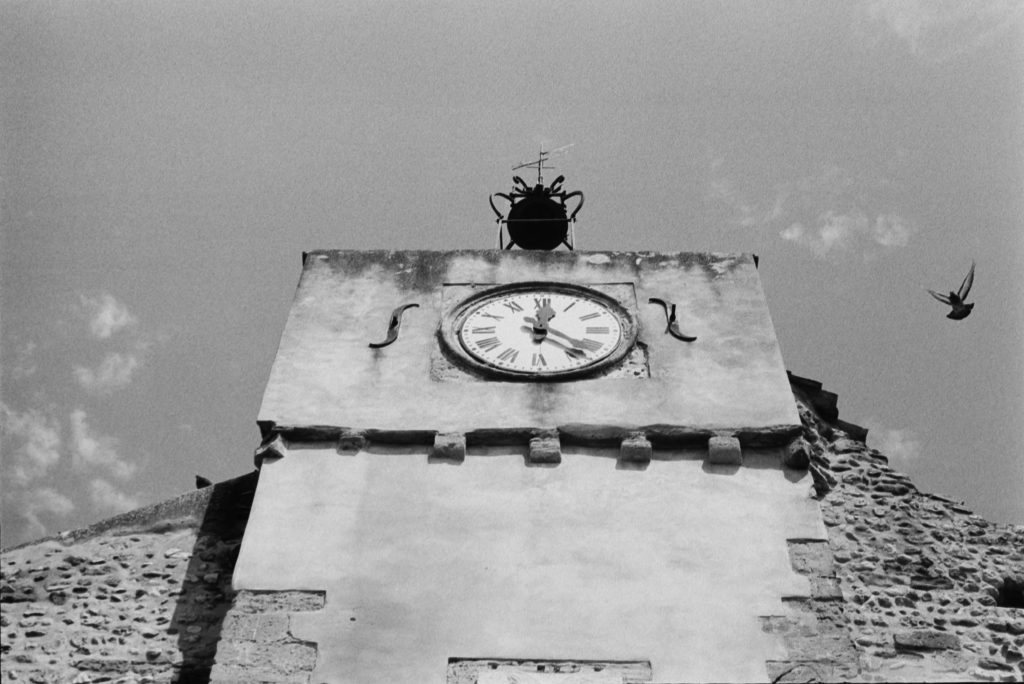 Photo argentique en noir et blanc d'un clocher avec un oiseau qui s'approche
