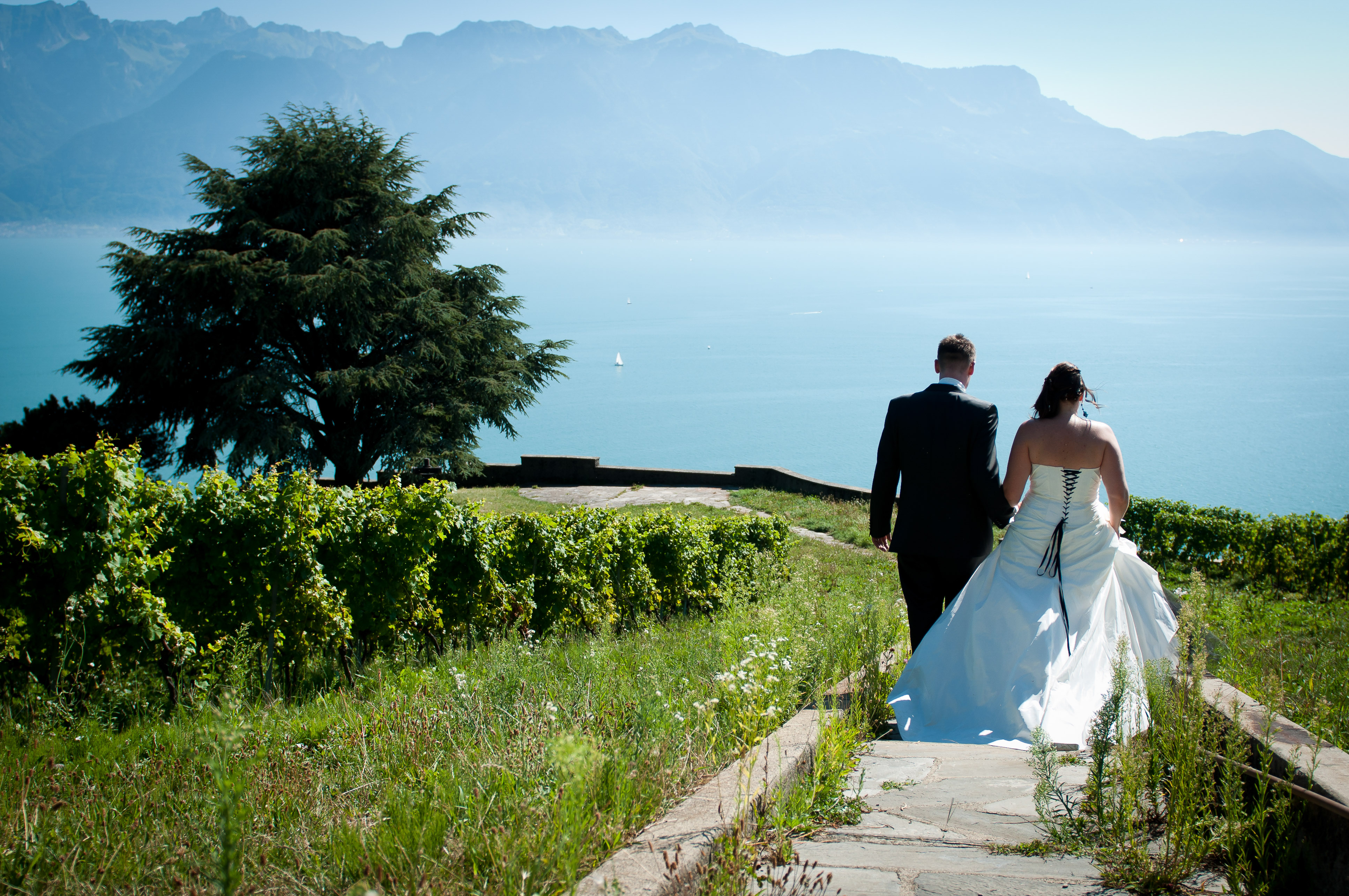 Photo couleur de jeunes mariés descendant des escaliers à travers les vignes avec le lac Lément en arrière-plan